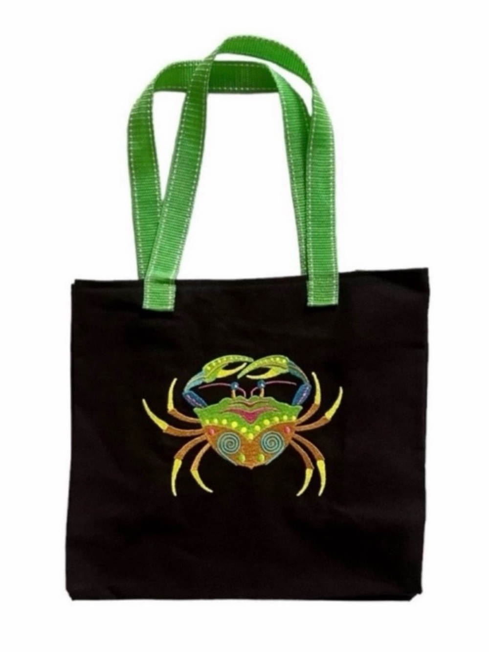 NEW Black Colorful Embroidered Crab Canvas Tote Bag